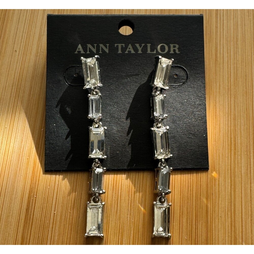 Ann Taylor Baguette Rhinestone Dangle Drop Silver Tone Crystal Earrings NWT